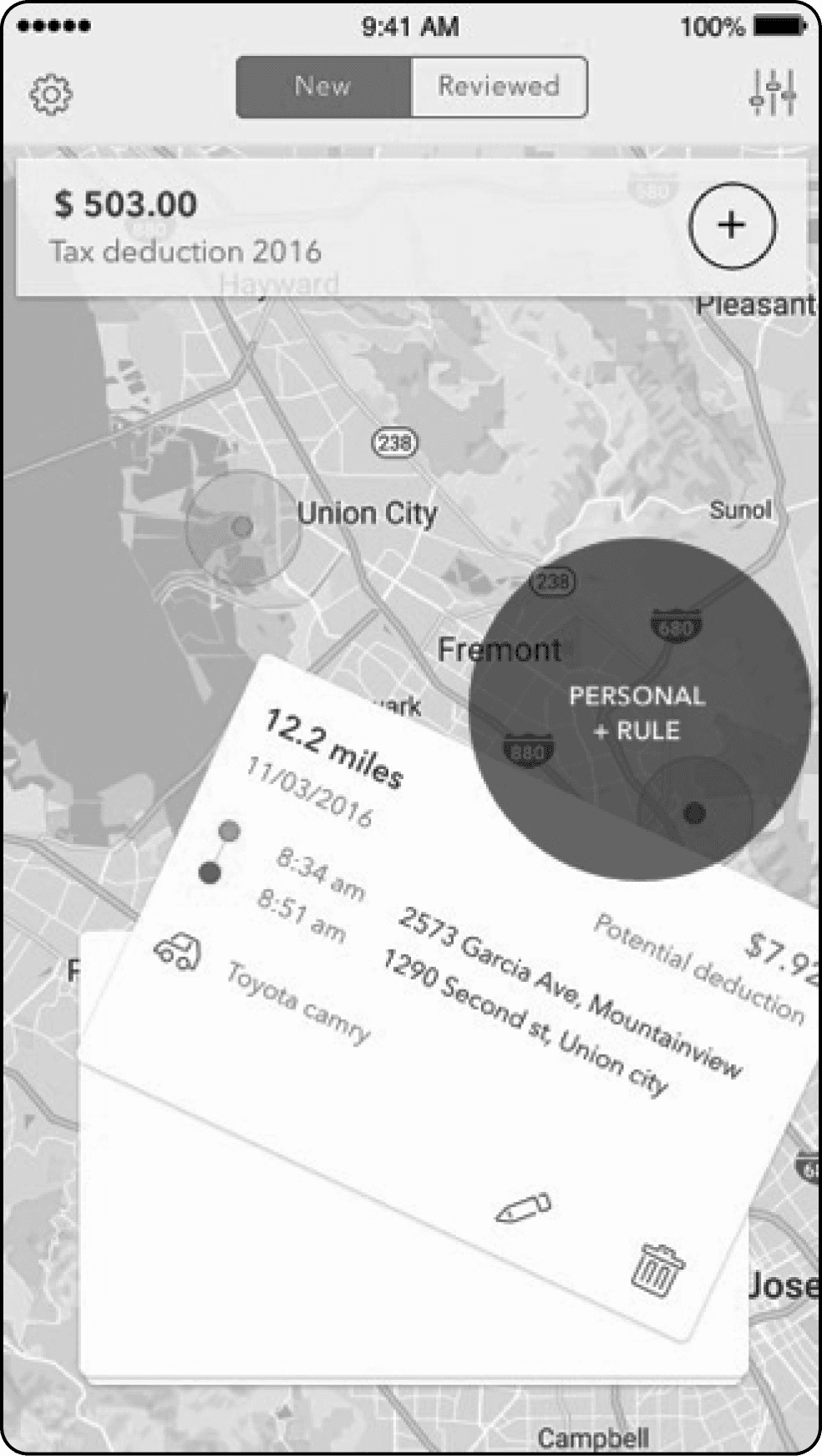 Swipe cards to right to review tracked personal trips