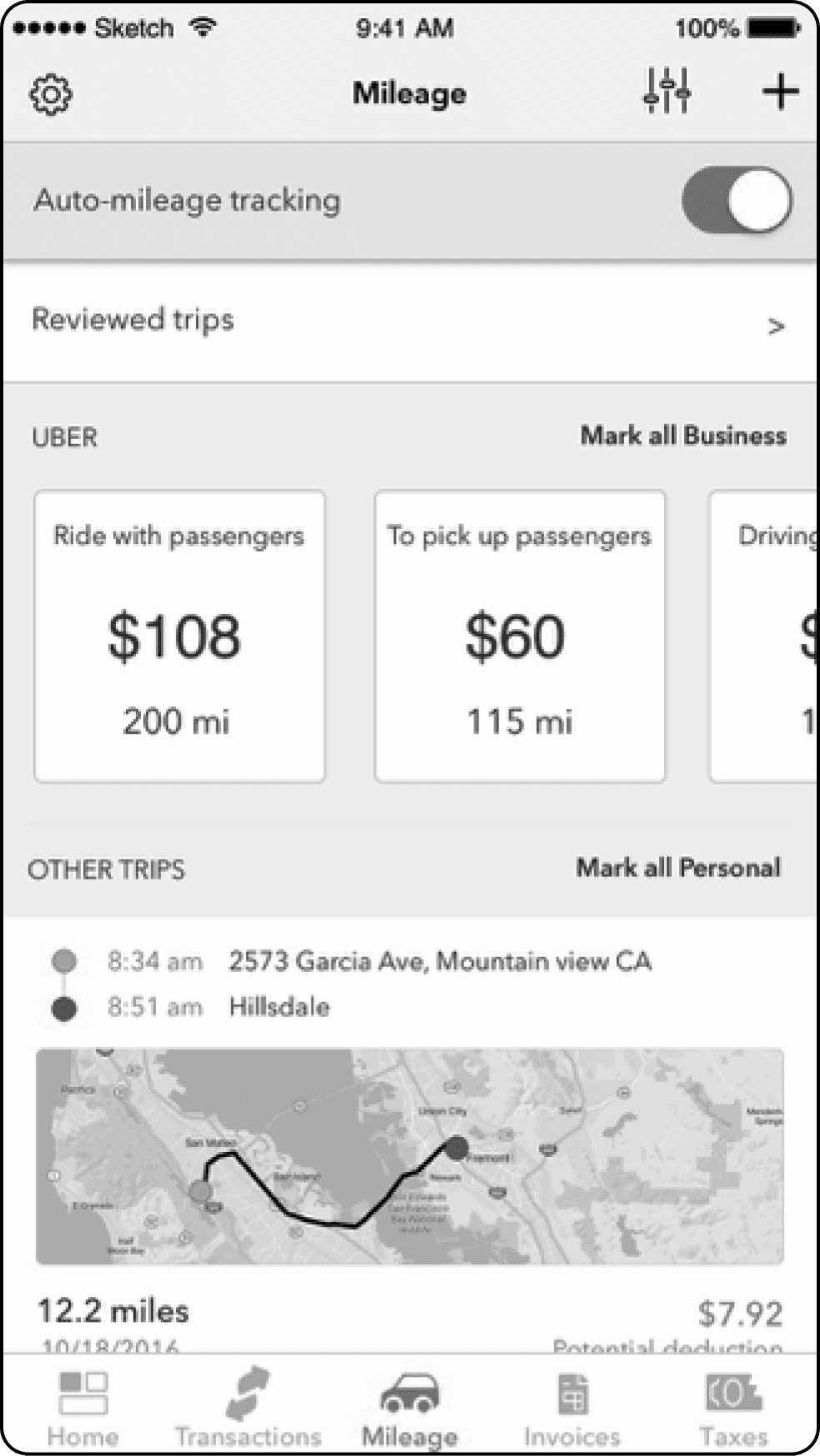 Trip route rendered on map