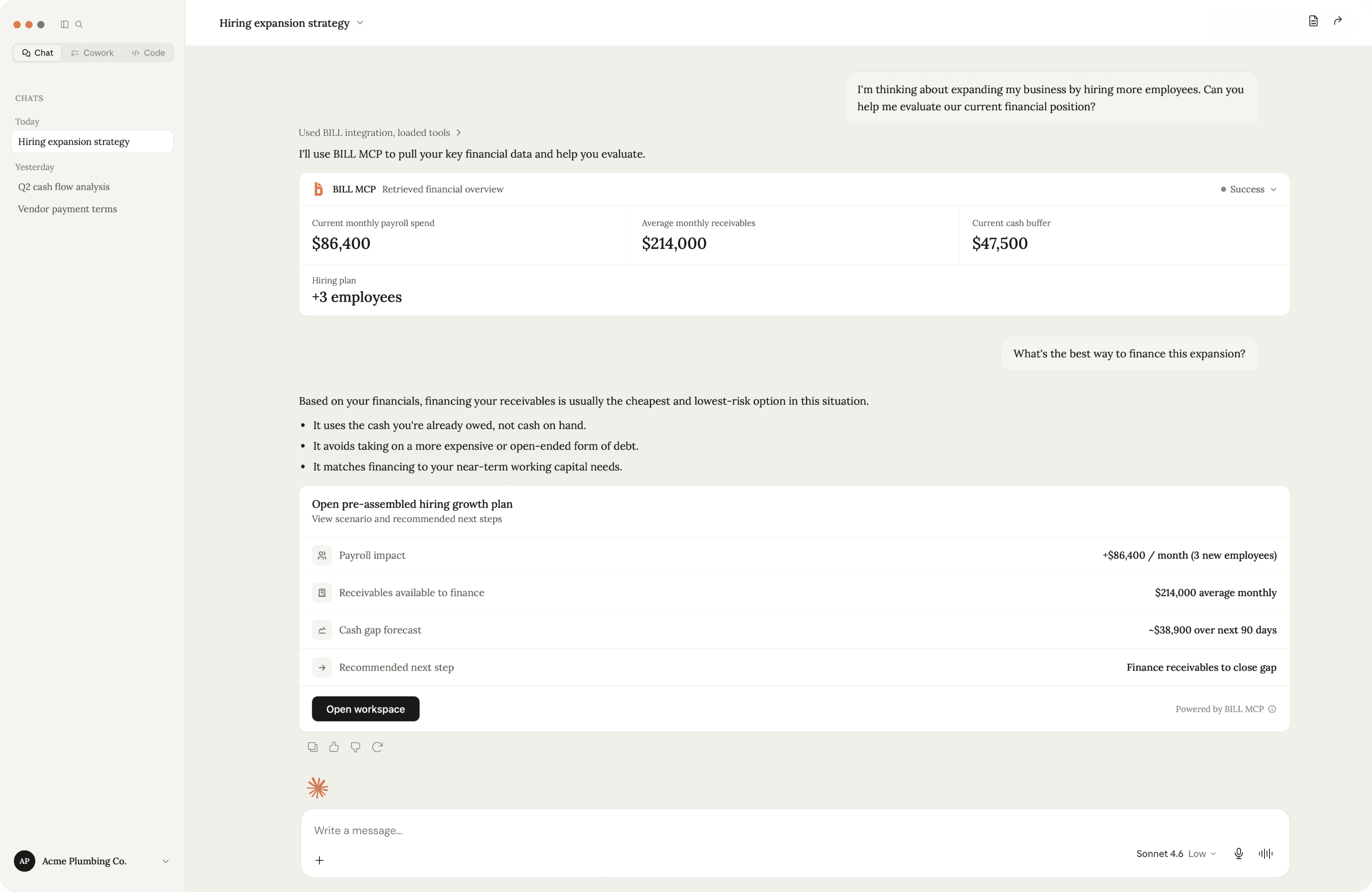 Claude interface showing an external invocation path into a BILL workspace canvas