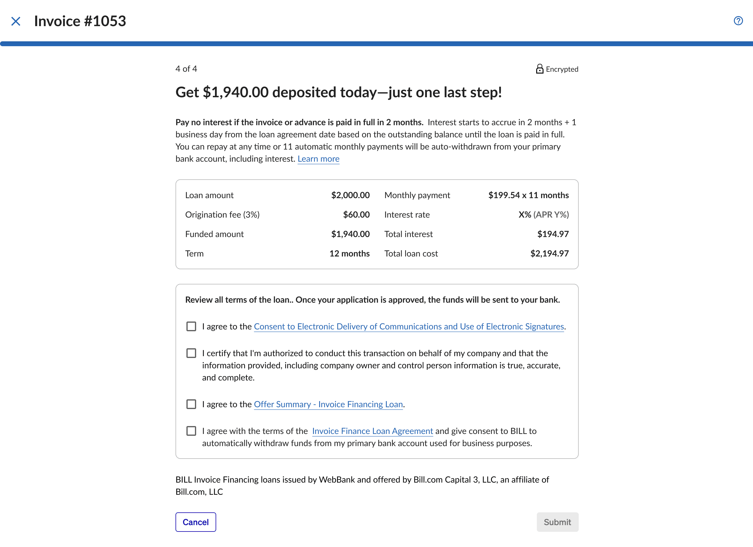 Original application with the lending partner’s detailed loan agreement