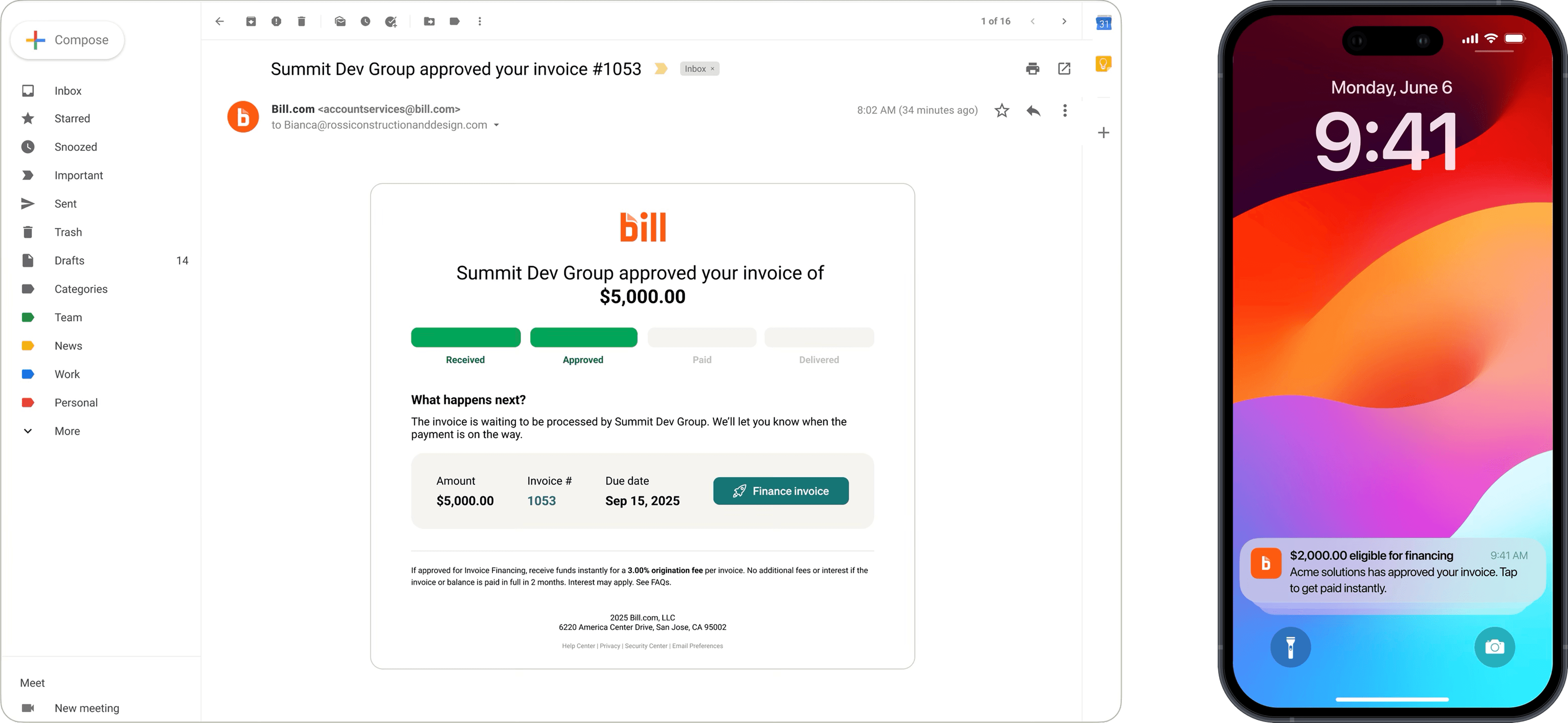 BILL push notification offering invoice financing as soon as an invoice is approved