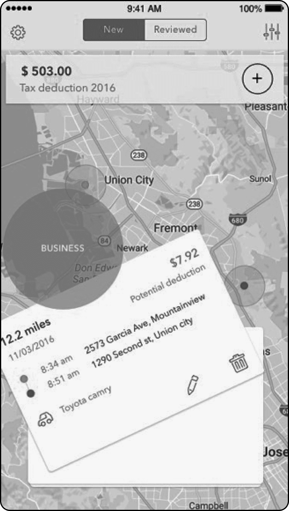 Swipe cards to left to review tracked business trips